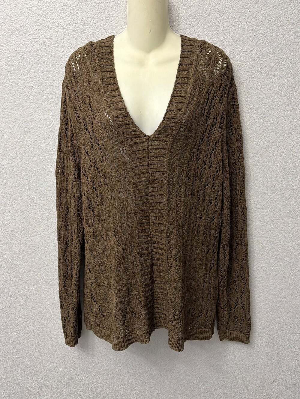 Coldwater Creek Brown Crochet Open Knit Hooded V-Neck Sweater